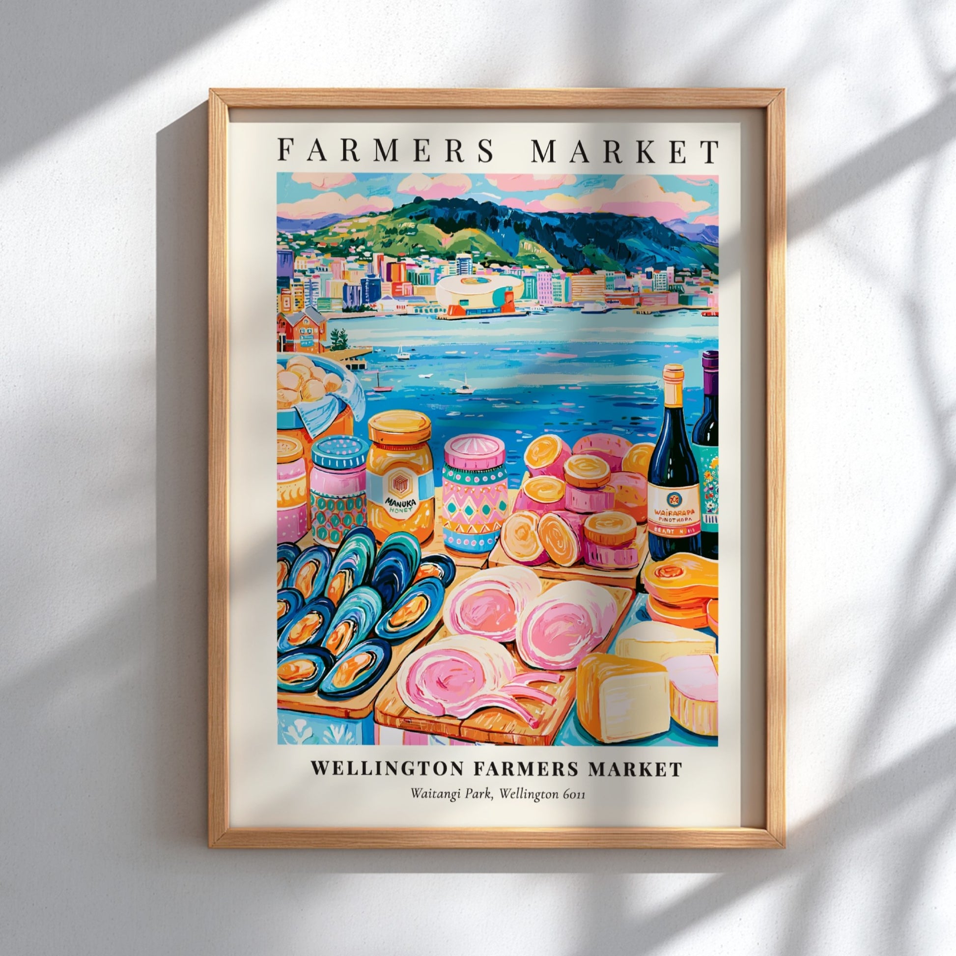 Wellington Farmers Market poster featuring colorful produce and waterfront scene in vibrant style