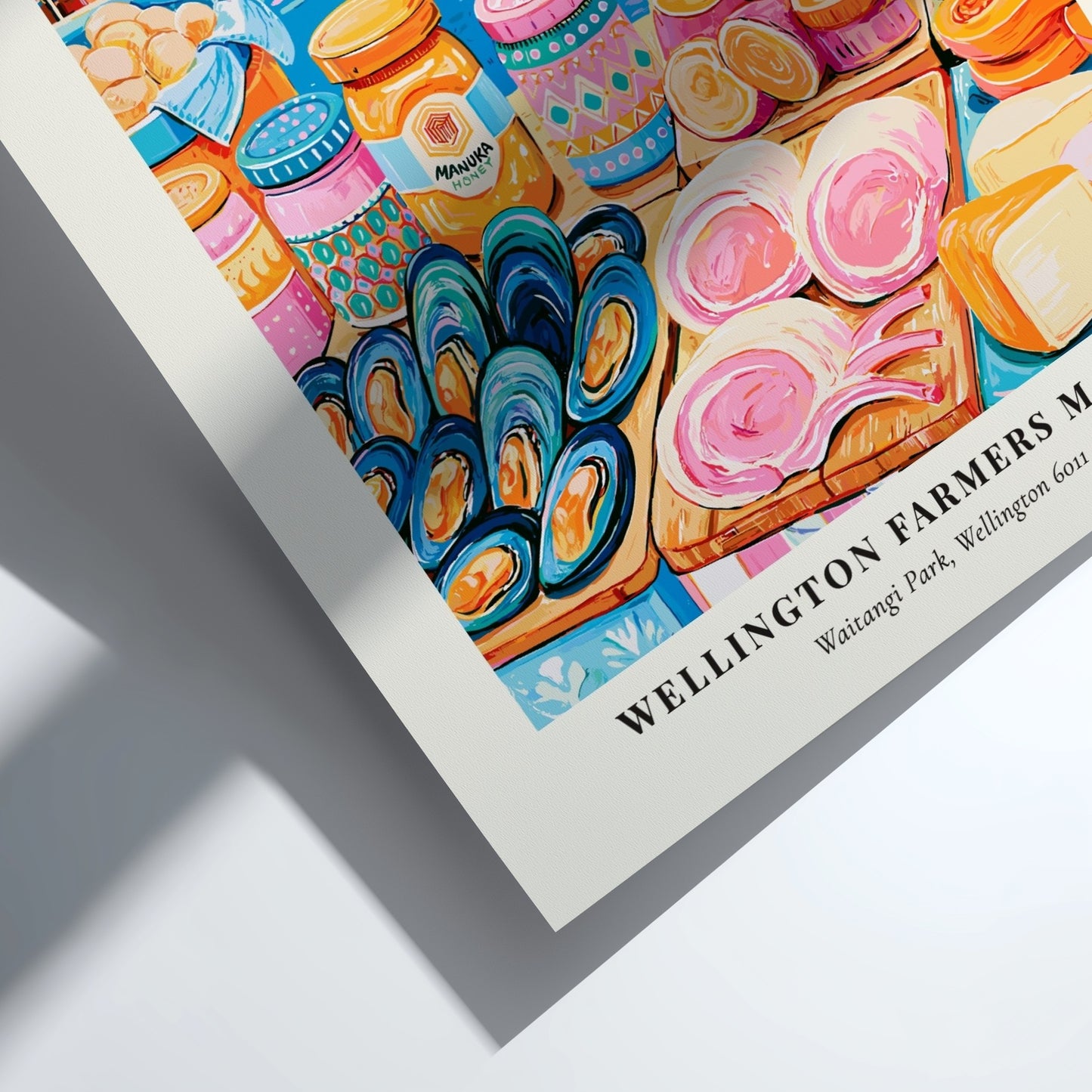 Wellington Farmers Market poster featuring colorful produce and waterfront scene in vibrant style