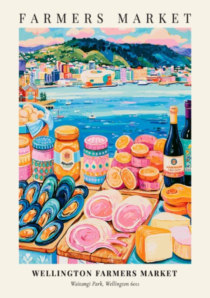 Wellington Farmers Market poster featuring colorful produce and waterfront scene in vibrant style