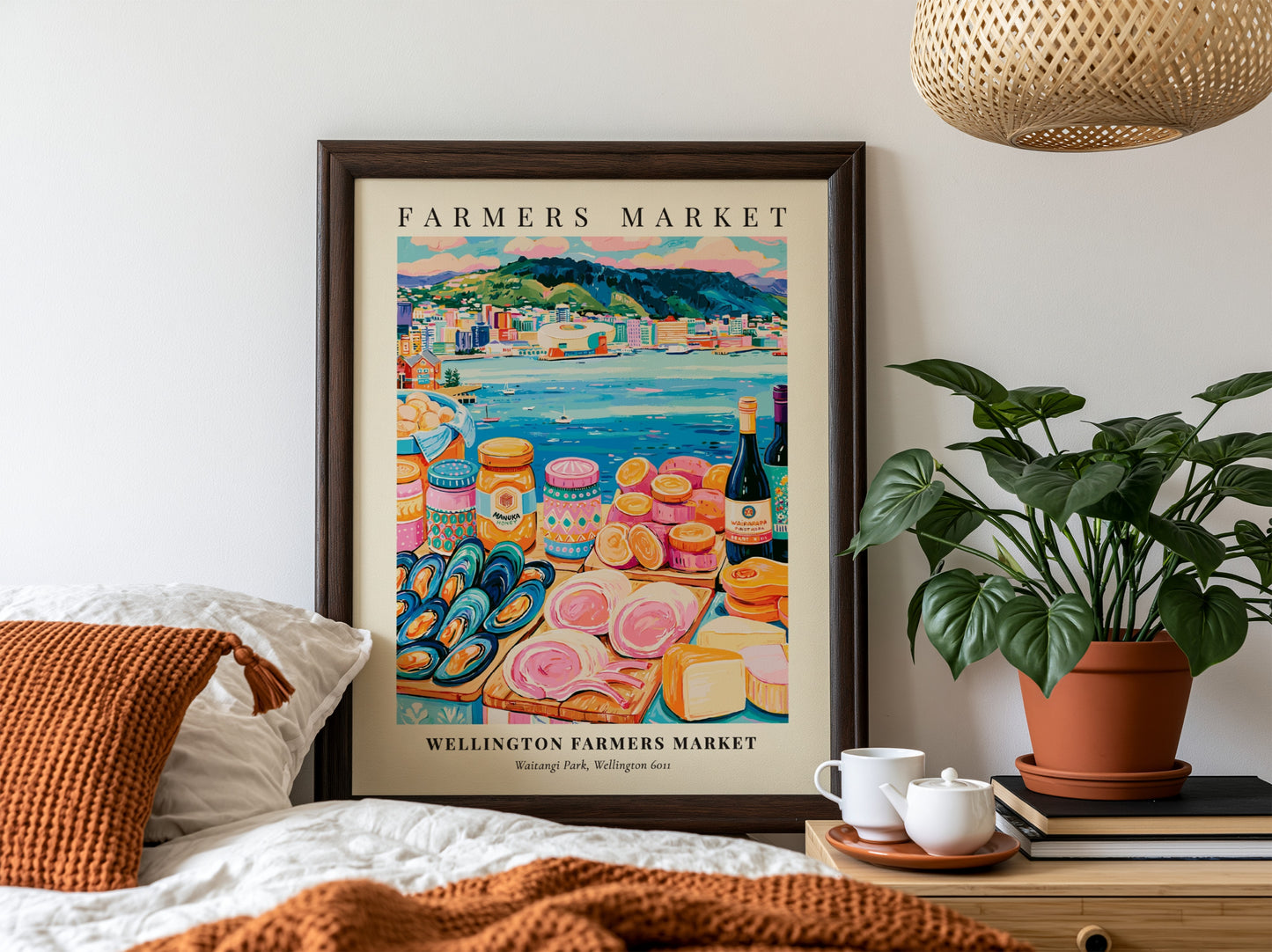 Wellington Farmers Market poster featuring colorful produce and waterfront scene in vibrant style