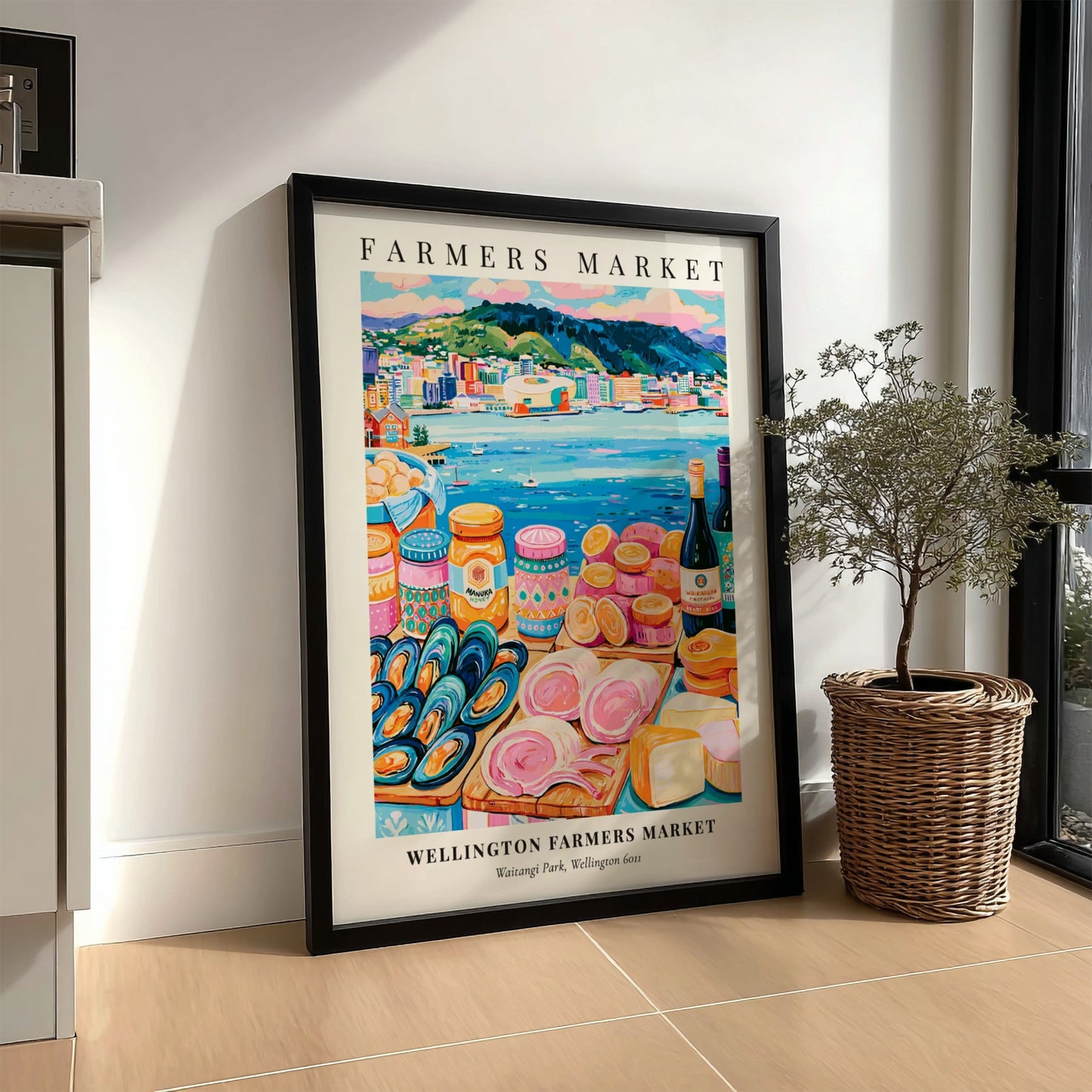 Wellington Farmers Market poster featuring colorful produce and waterfront scene in vibrant style