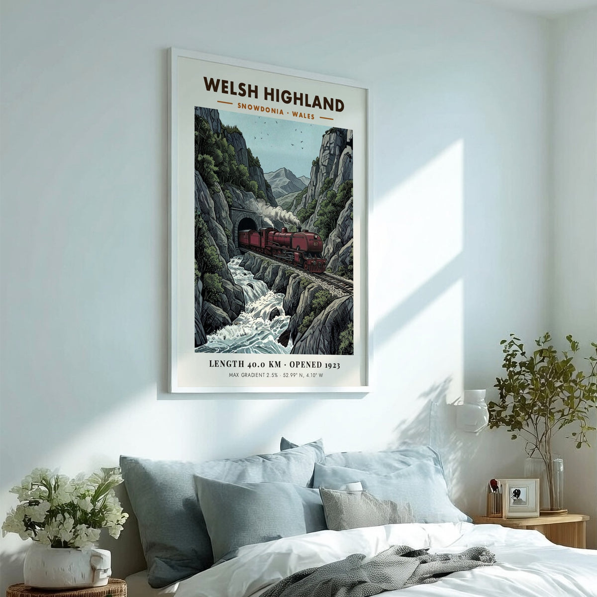 Poster featuring a red steam train passing through a mountain tunnel in Snowdonia