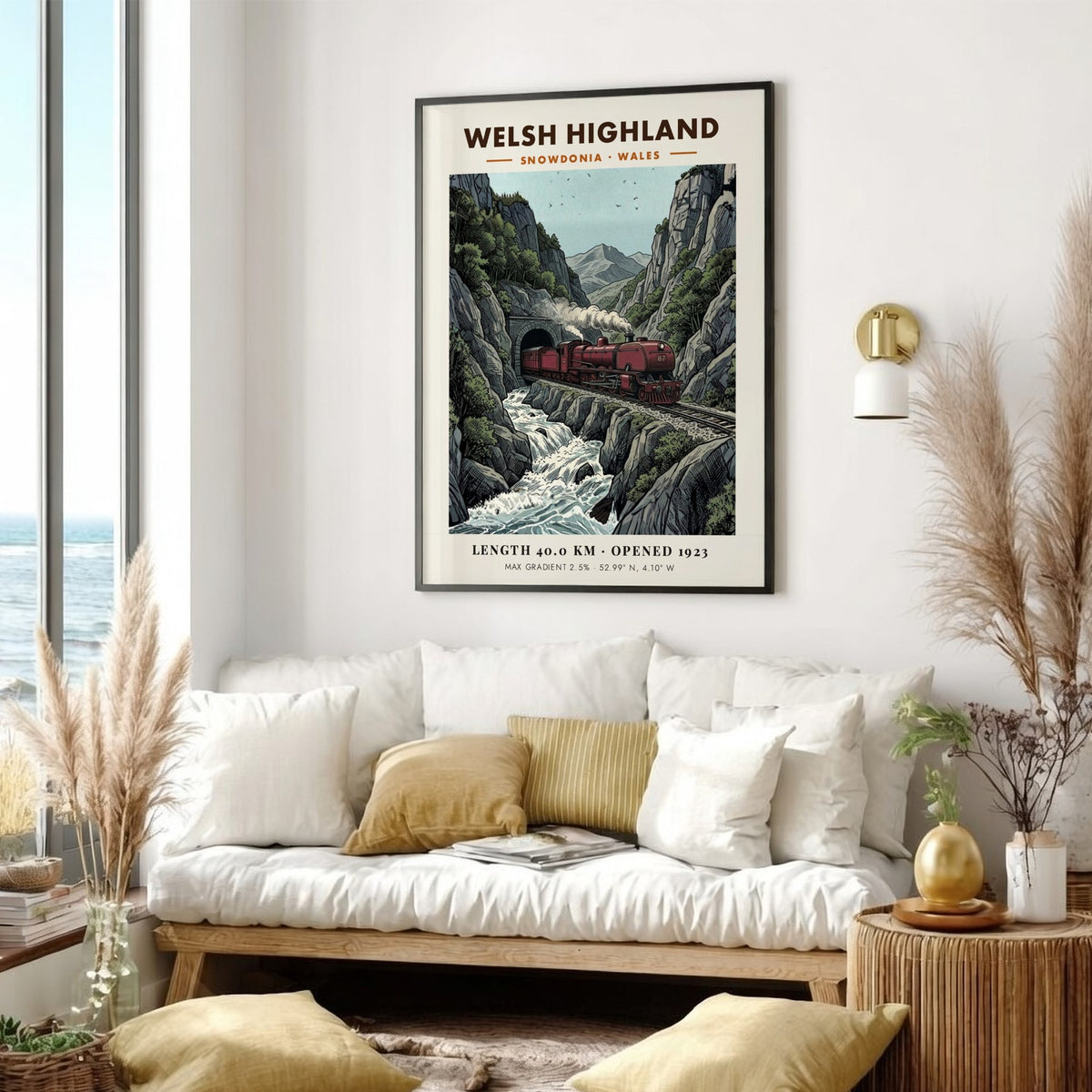 Poster featuring a red steam train passing through a mountain tunnel in Snowdonia