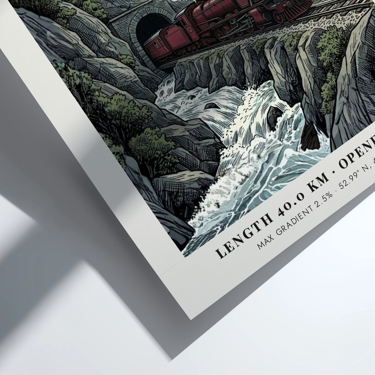 Poster featuring a red steam train passing through a mountain tunnel in Snowdonia
