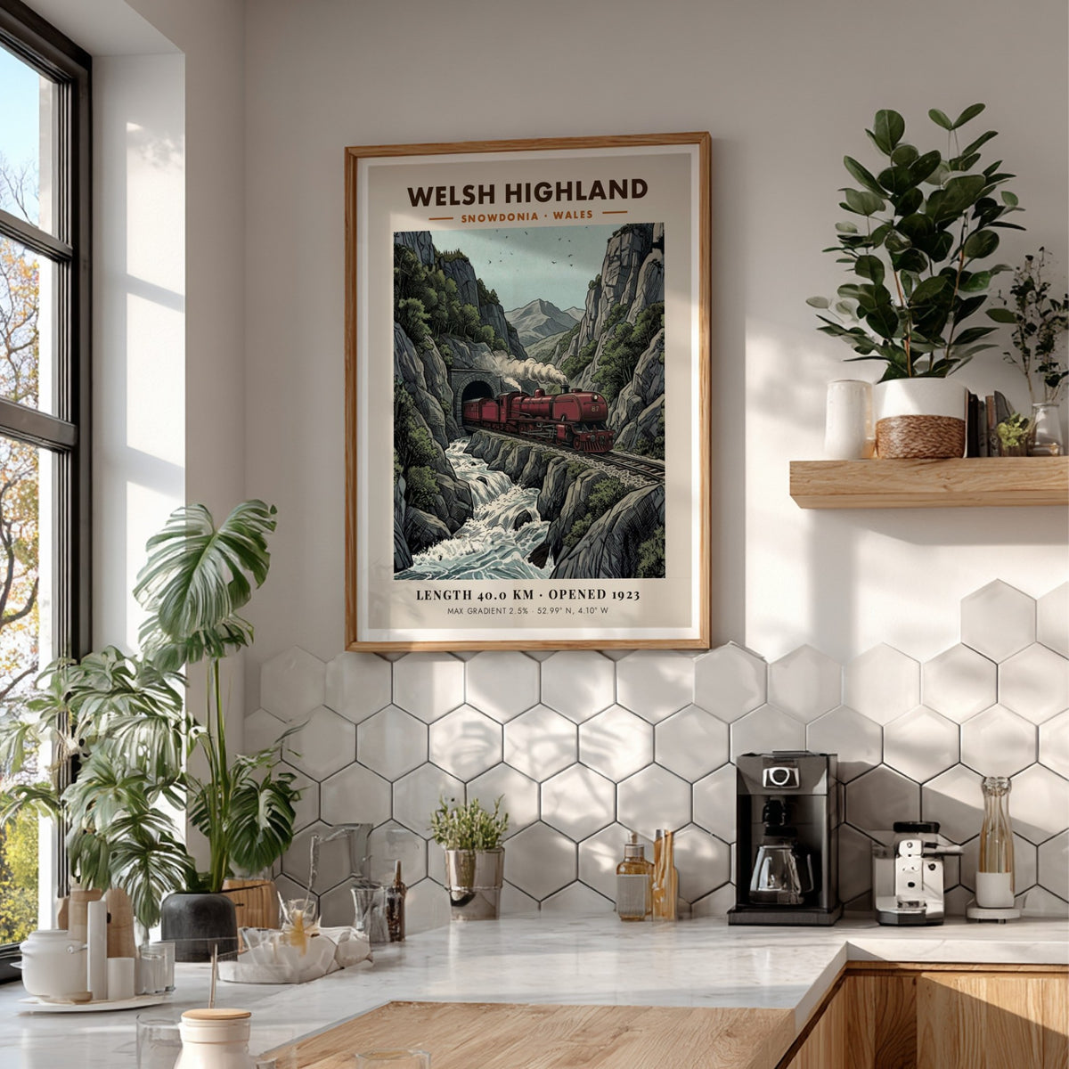 Poster featuring a red steam train passing through a mountain tunnel in Snowdonia