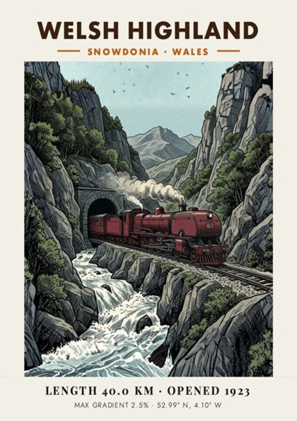 Poster featuring a red steam train passing through a mountain tunnel in Snowdonia