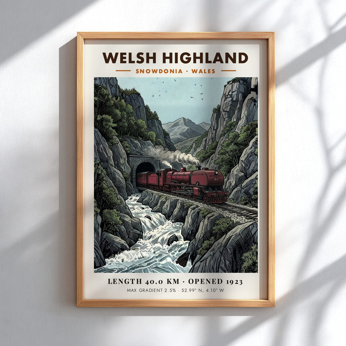 Poster featuring a red steam train passing through a mountain tunnel in Snowdonia