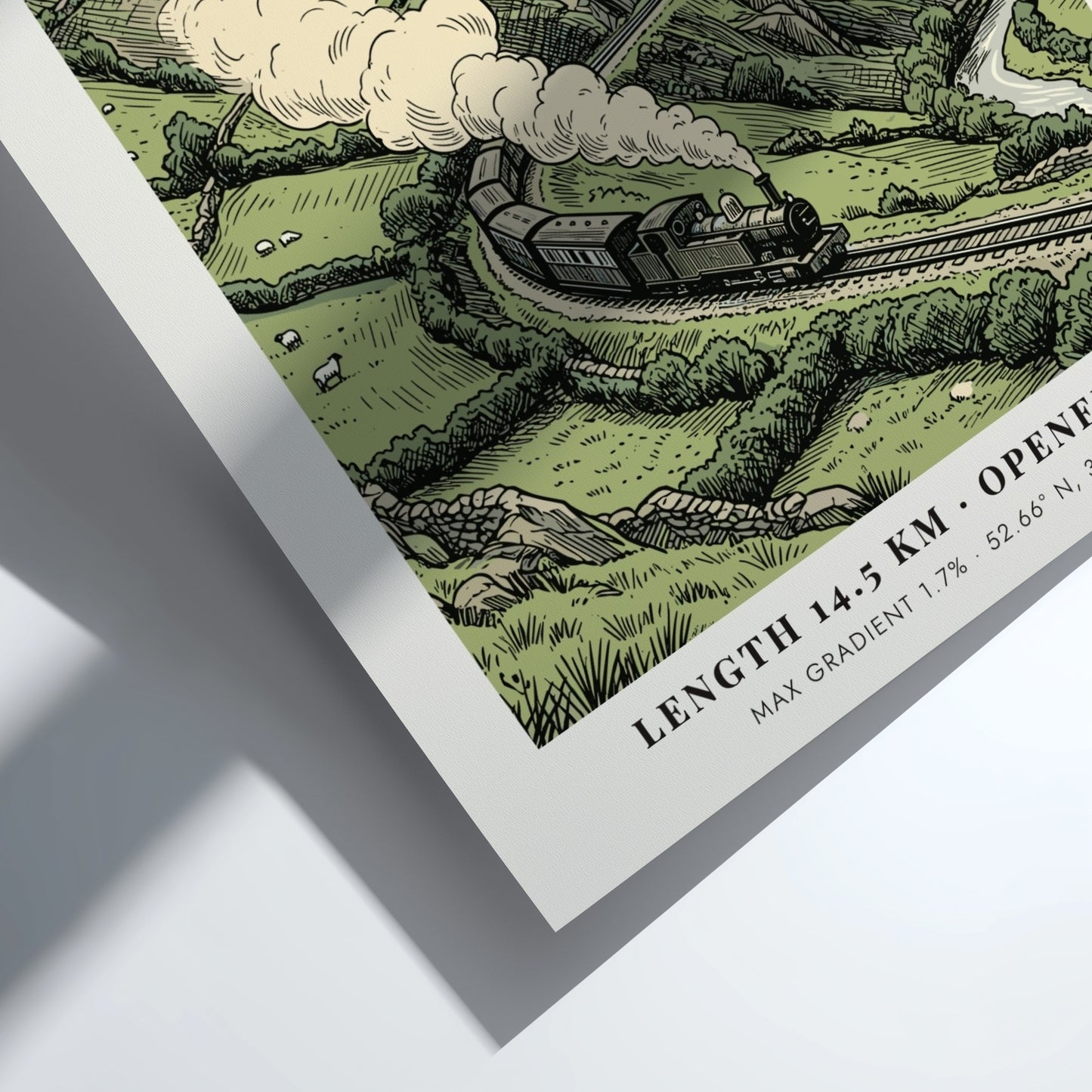 Vintage railway poster showing a steam train traveling through the Welshpool and Llanfair hills.
