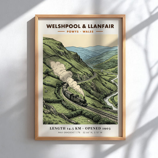 Vintage railway poster showing a steam train traveling through the Welshpool and Llanfair hills.