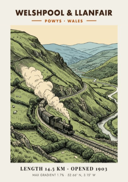 Vintage railway poster showing a steam train traveling through the Welshpool and Llanfair hills.