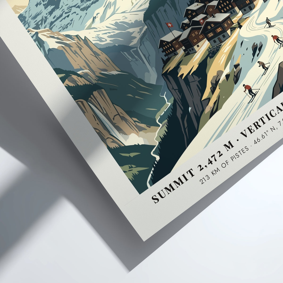 Poster of Wengen featuring snowy Swiss mountains, a red train, and alpine skiers.