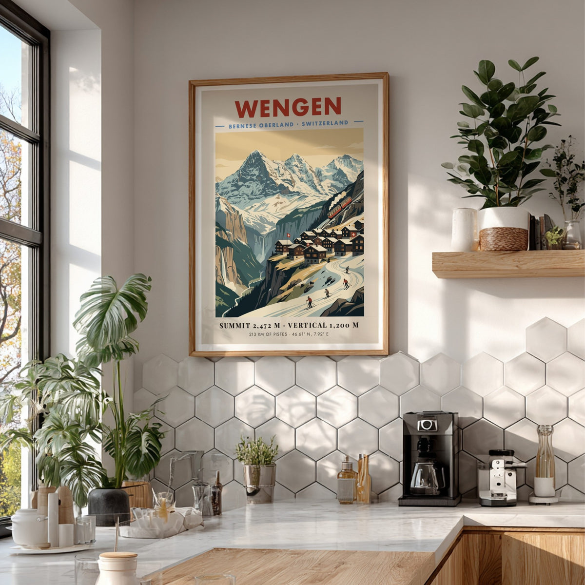 Poster of Wengen featuring snowy Swiss mountains, a red train, and alpine skiers.