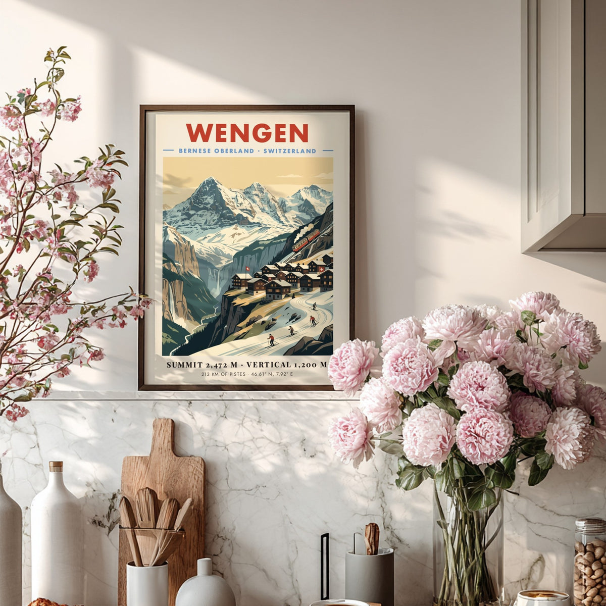 Poster of Wengen featuring snowy Swiss mountains, a red train, and alpine skiers.