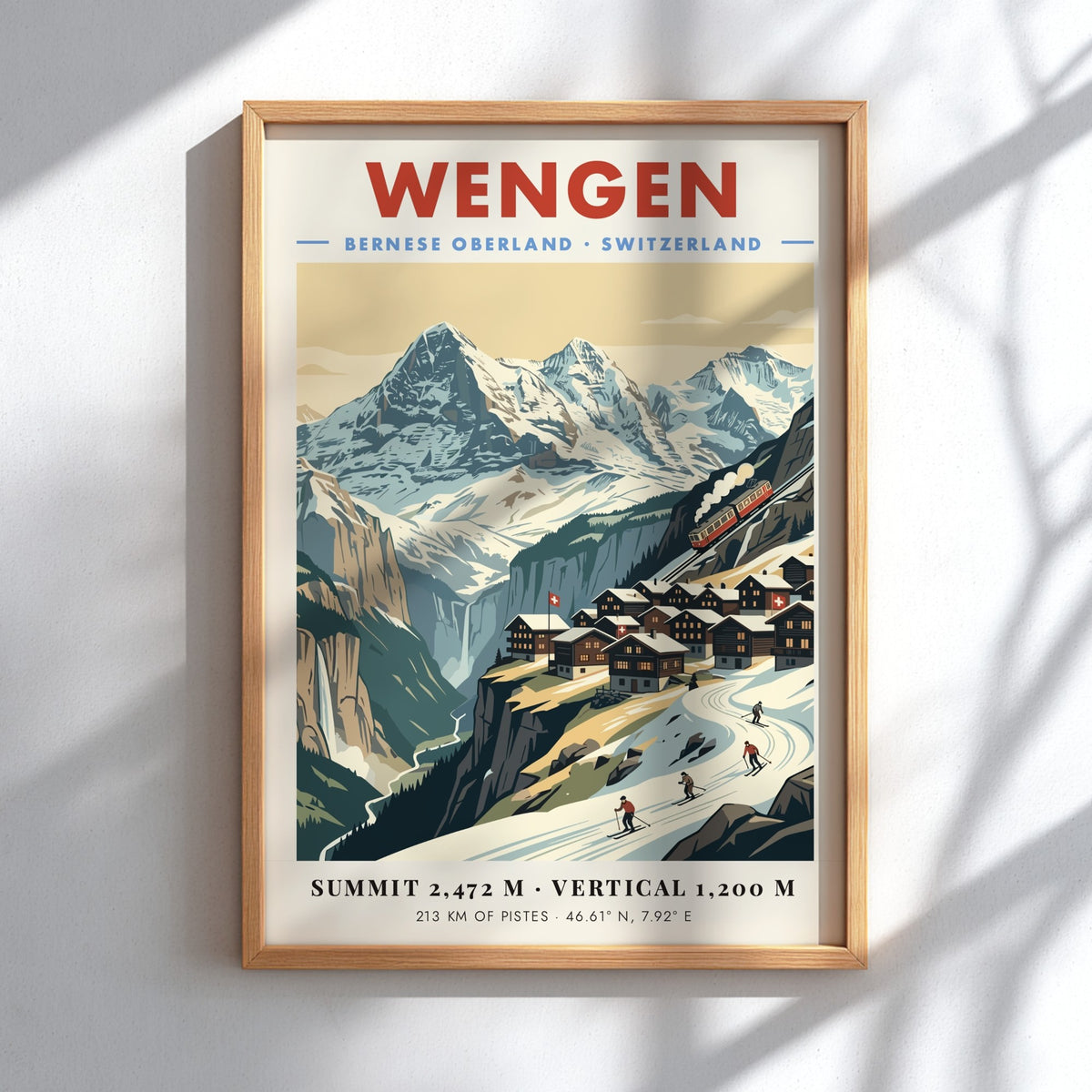 Poster of Wengen featuring snowy Swiss mountains, a red train, and alpine skiers.
