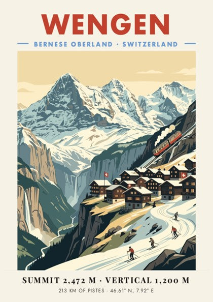 Poster of Wengen featuring snowy Swiss mountains, a red train, and alpine skiers.