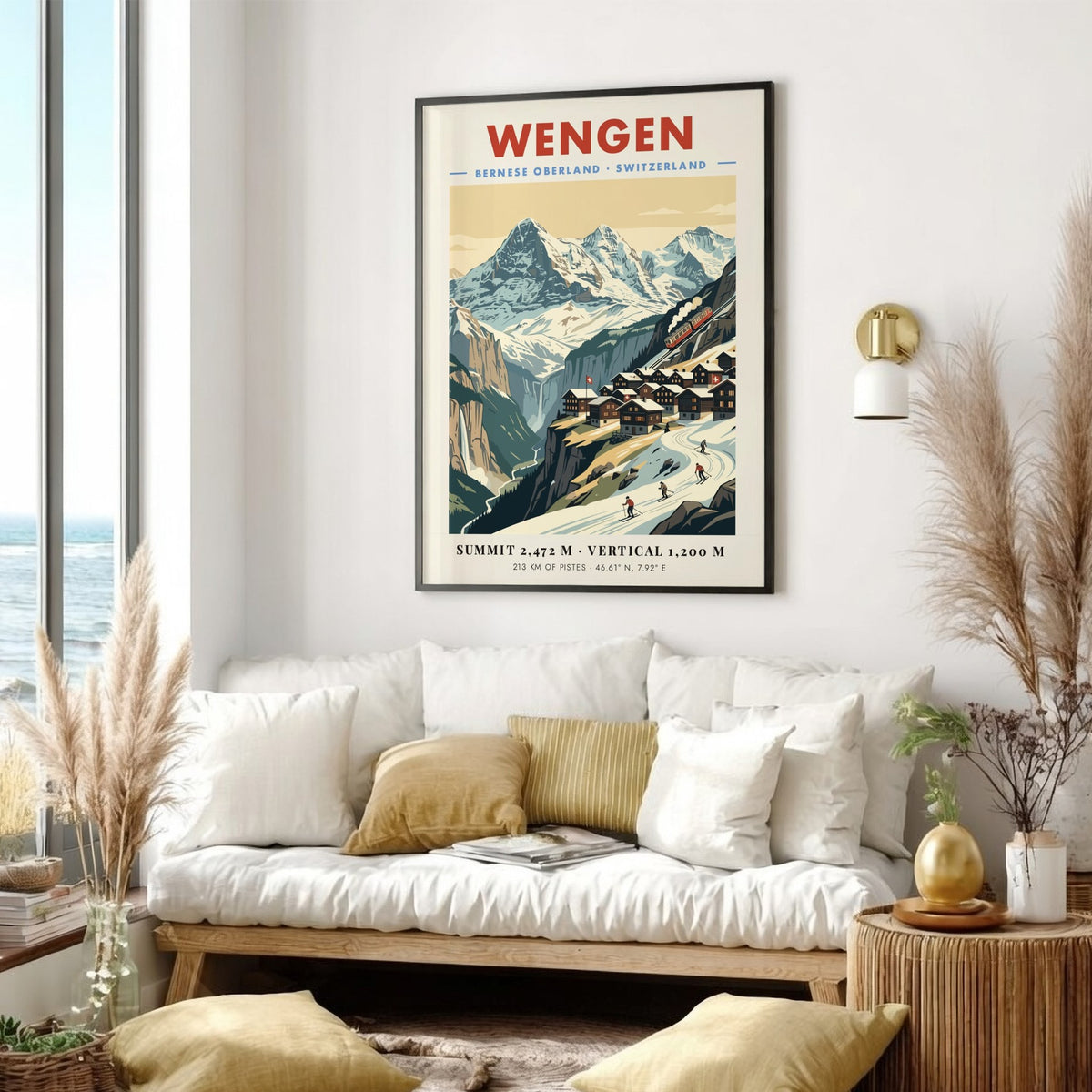 Poster of Wengen featuring snowy Swiss mountains, a red train, and alpine skiers.