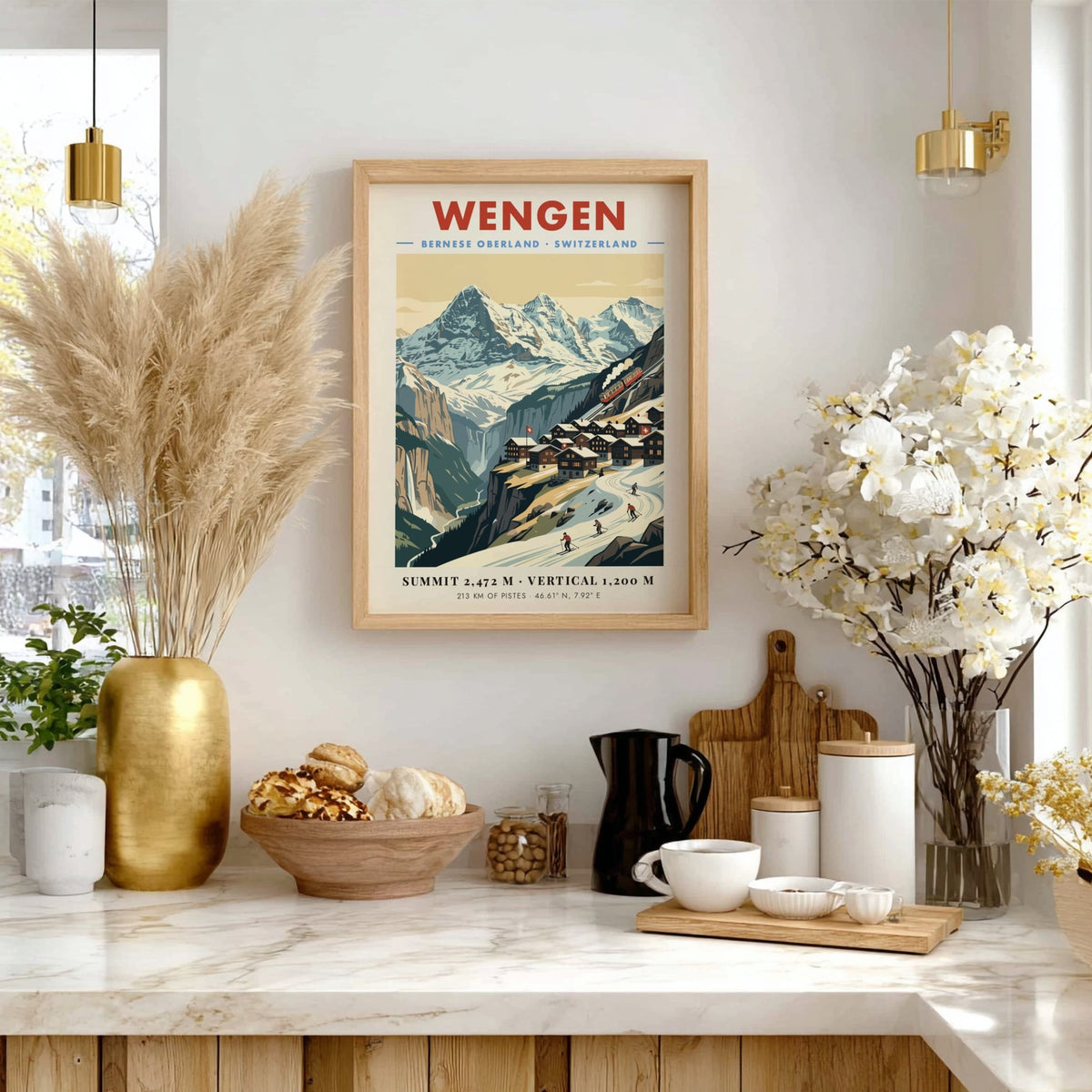 Poster of Wengen featuring snowy Swiss mountains, a red train, and alpine skiers.