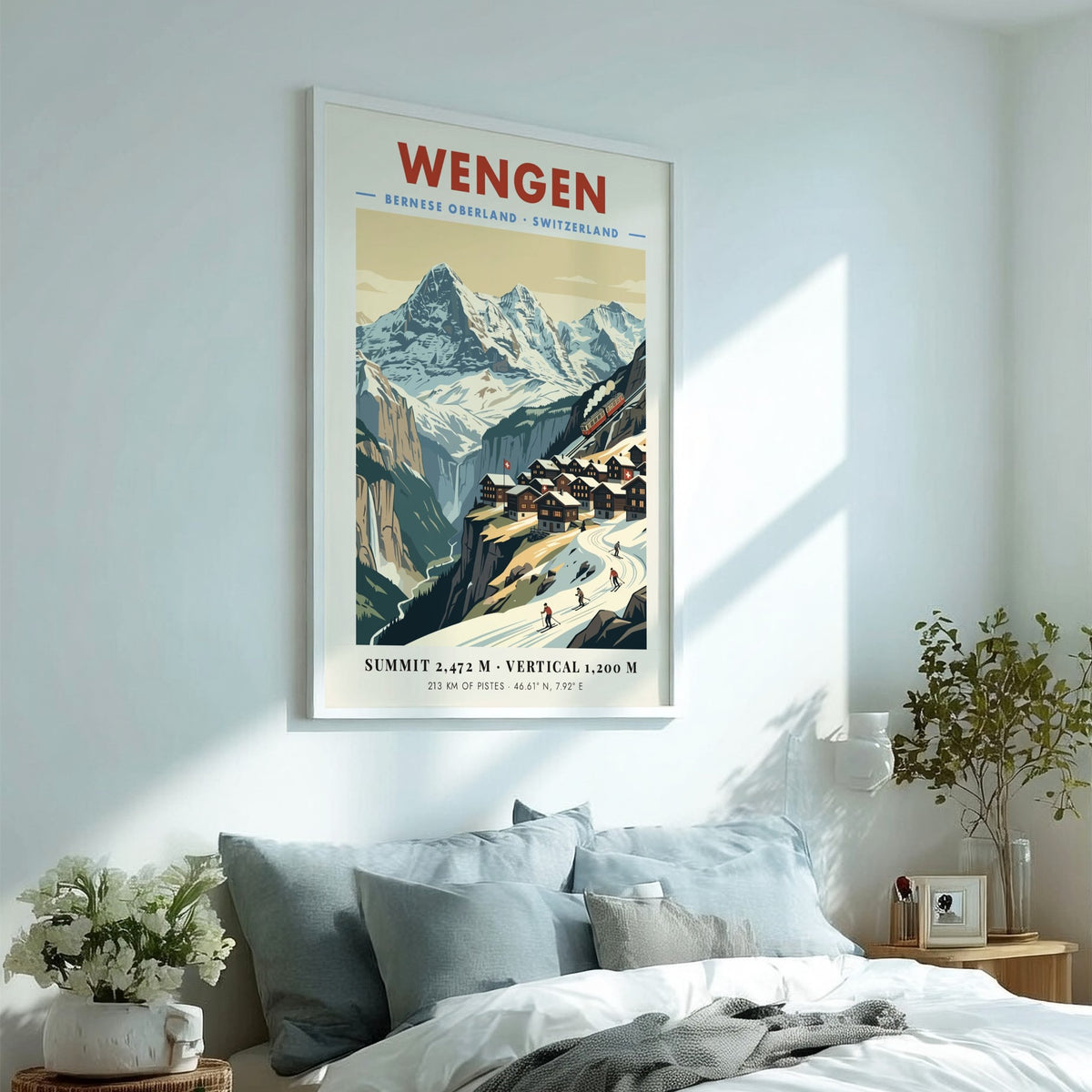 Poster of Wengen featuring snowy Swiss mountains, a red train, and alpine skiers.