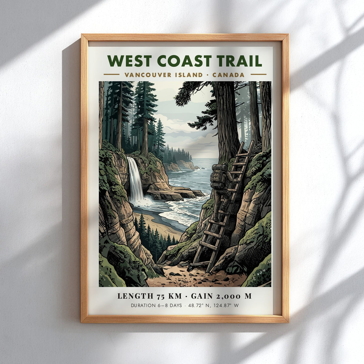 Poster of a hiker climbing a ladder on the West Coast Trail Vancouver Island.