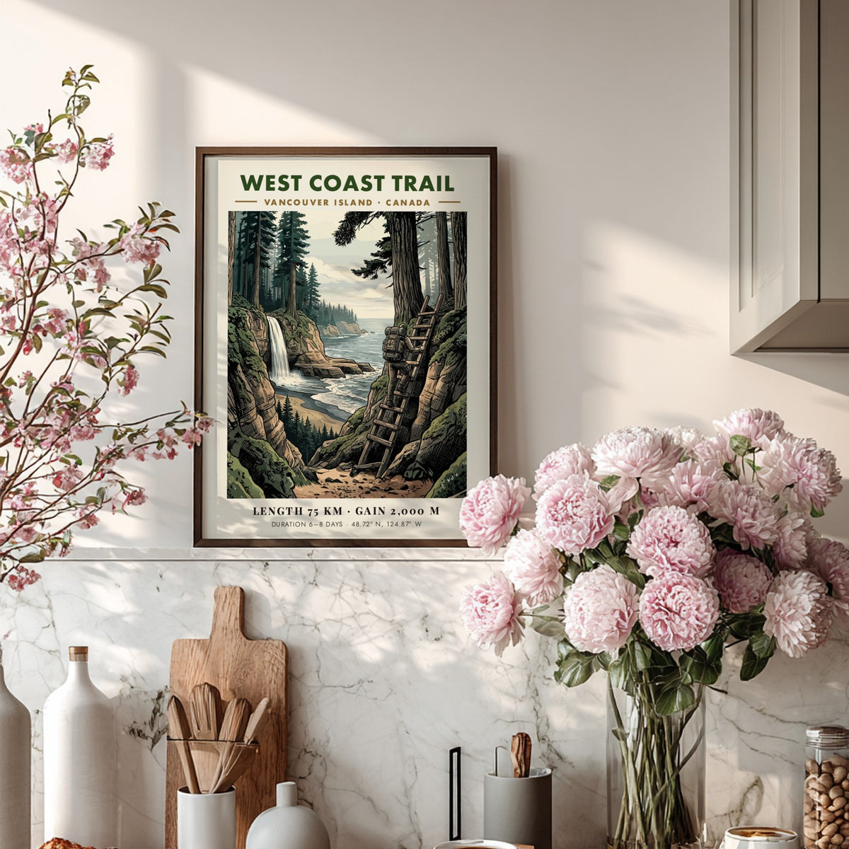 Poster of a hiker climbing a ladder on the West Coast Trail Vancouver Island.