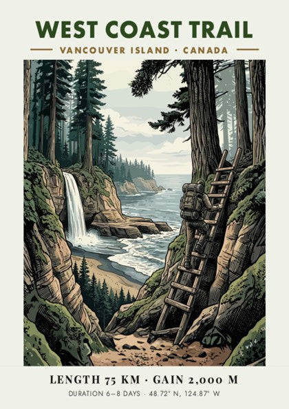 Poster of a hiker climbing a ladder on the West Coast Trail Vancouver Island.
