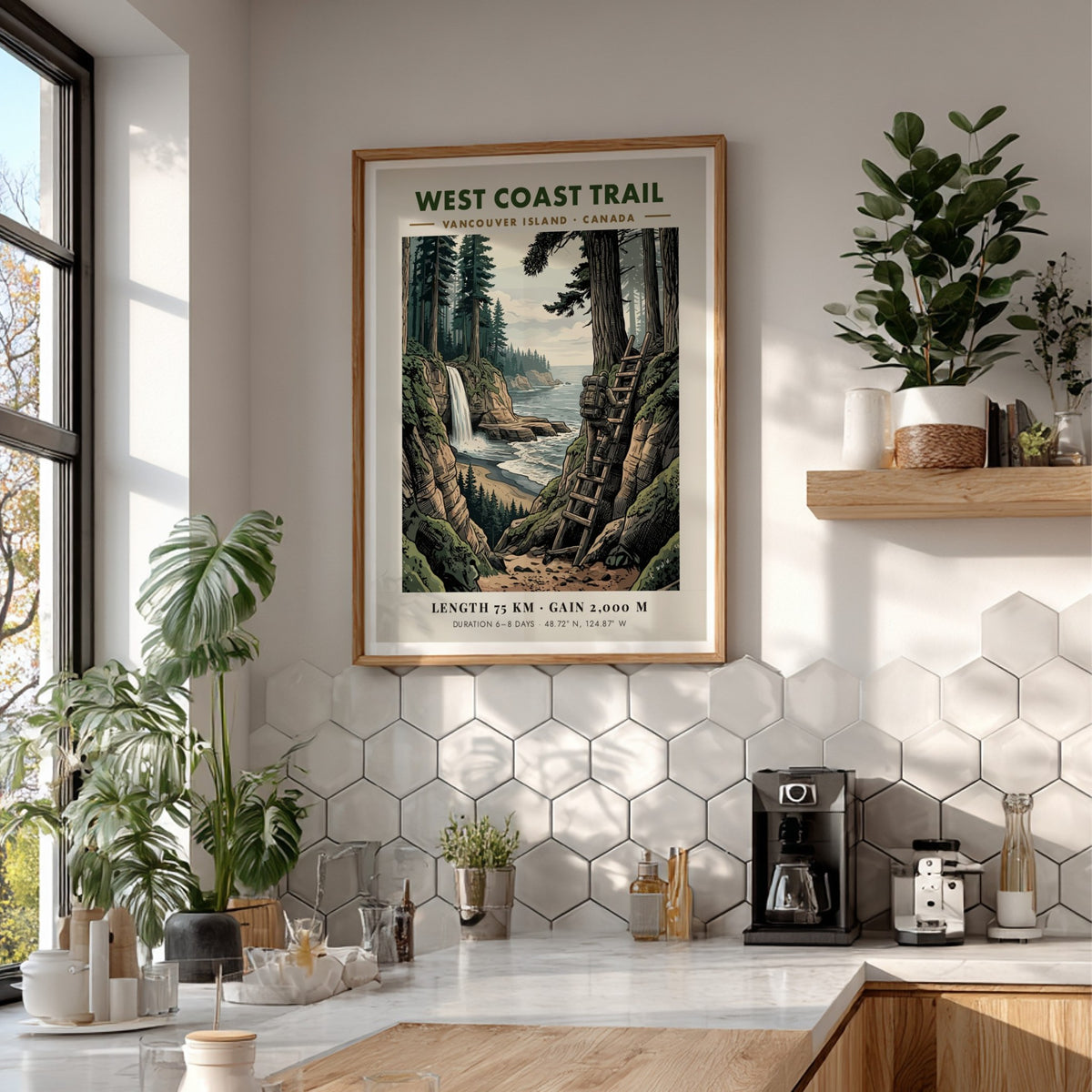 Poster of a hiker climbing a ladder on the West Coast Trail Vancouver Island.