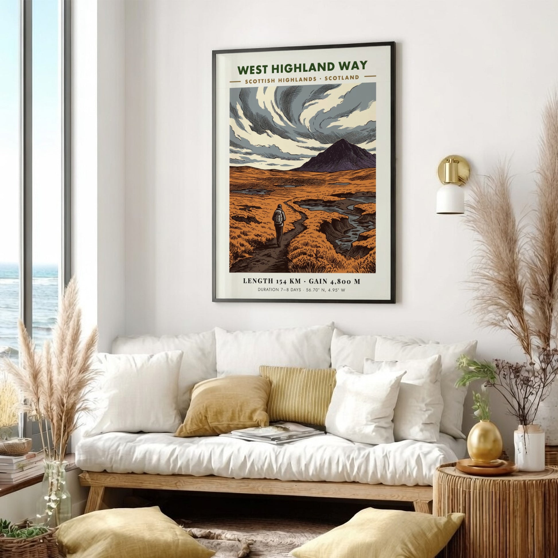 Poster of a hiker walking a trail in the Scottish Highlands under clouds.