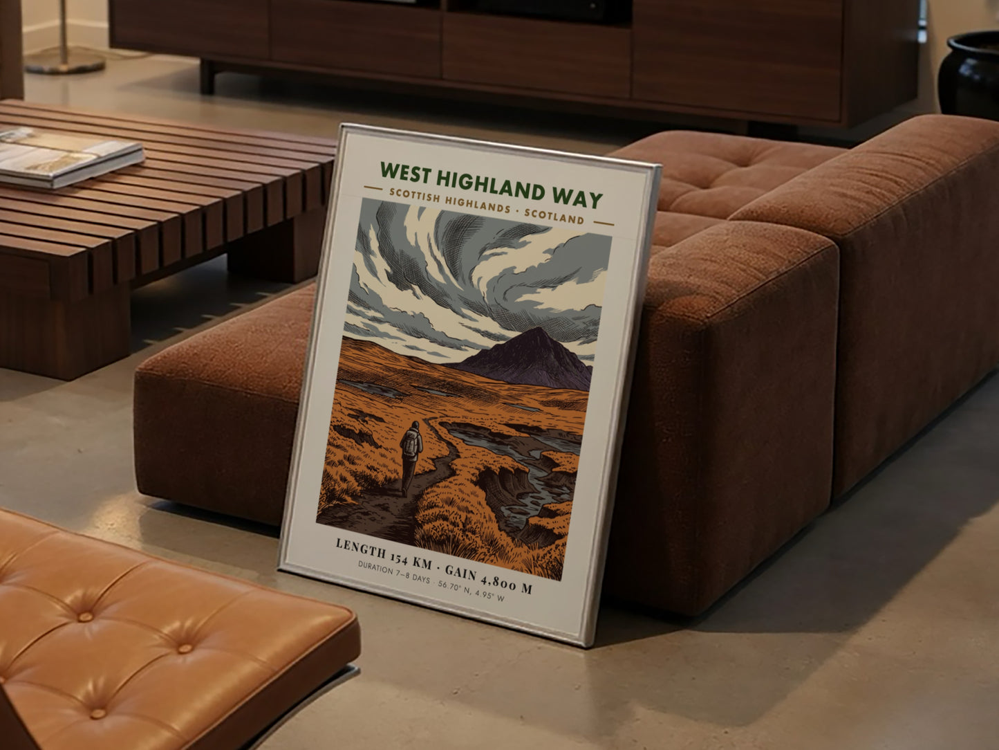 Poster of a hiker walking a trail in the Scottish Highlands under clouds.
