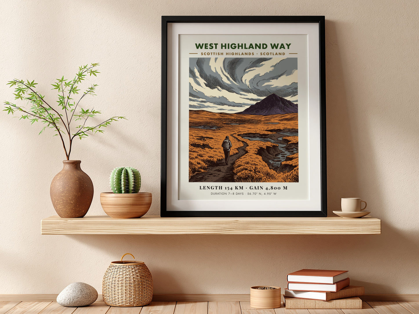 Poster of a hiker walking a trail in the Scottish Highlands under clouds.