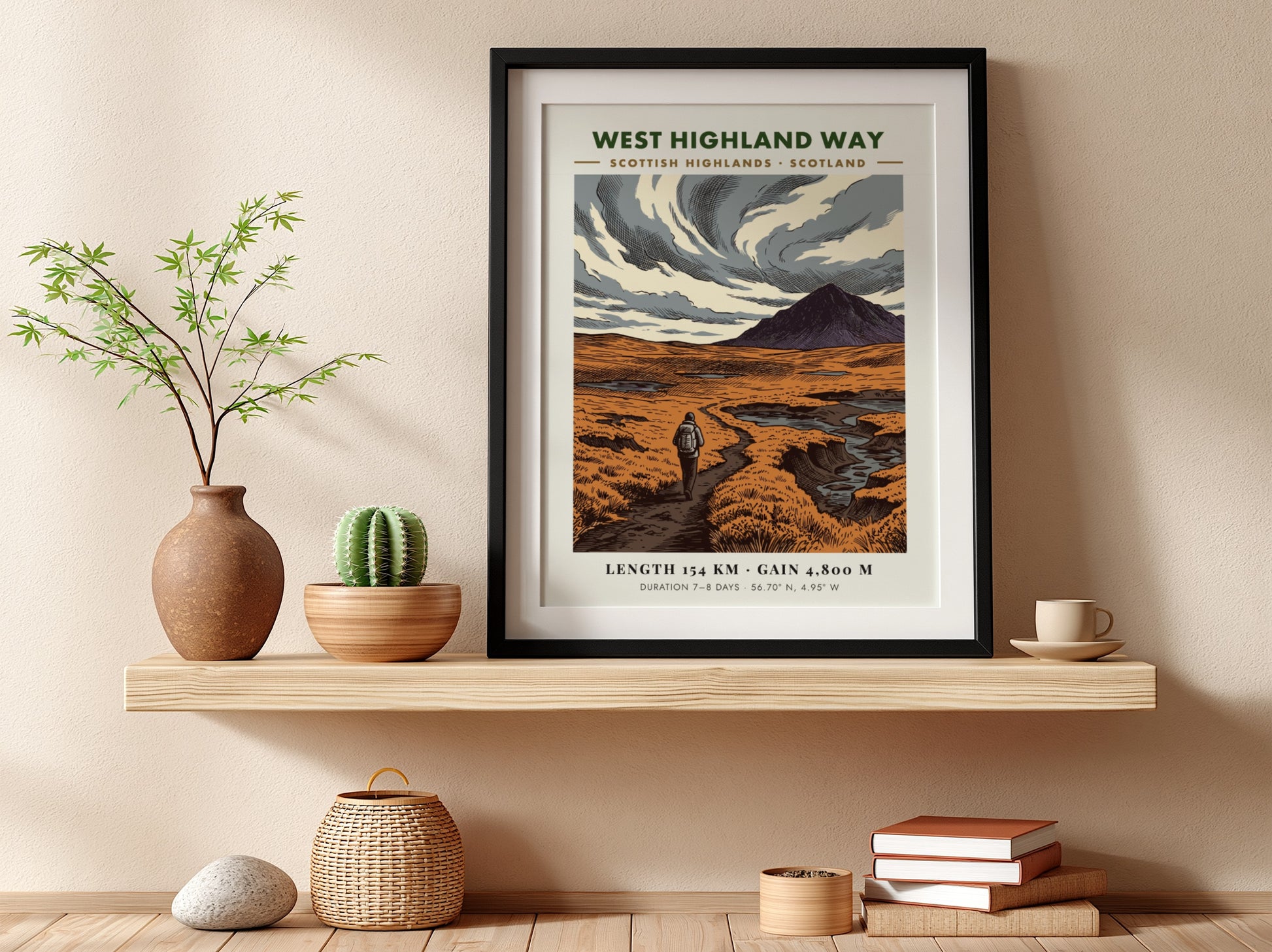 Poster of a hiker walking a trail in the Scottish Highlands under clouds.