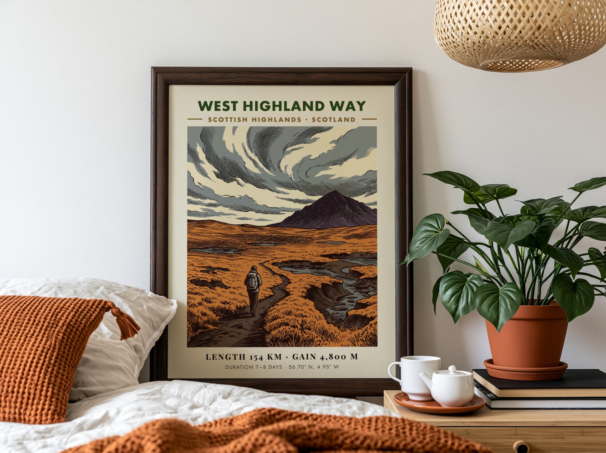 Poster of a hiker walking a trail in the Scottish Highlands under clouds.