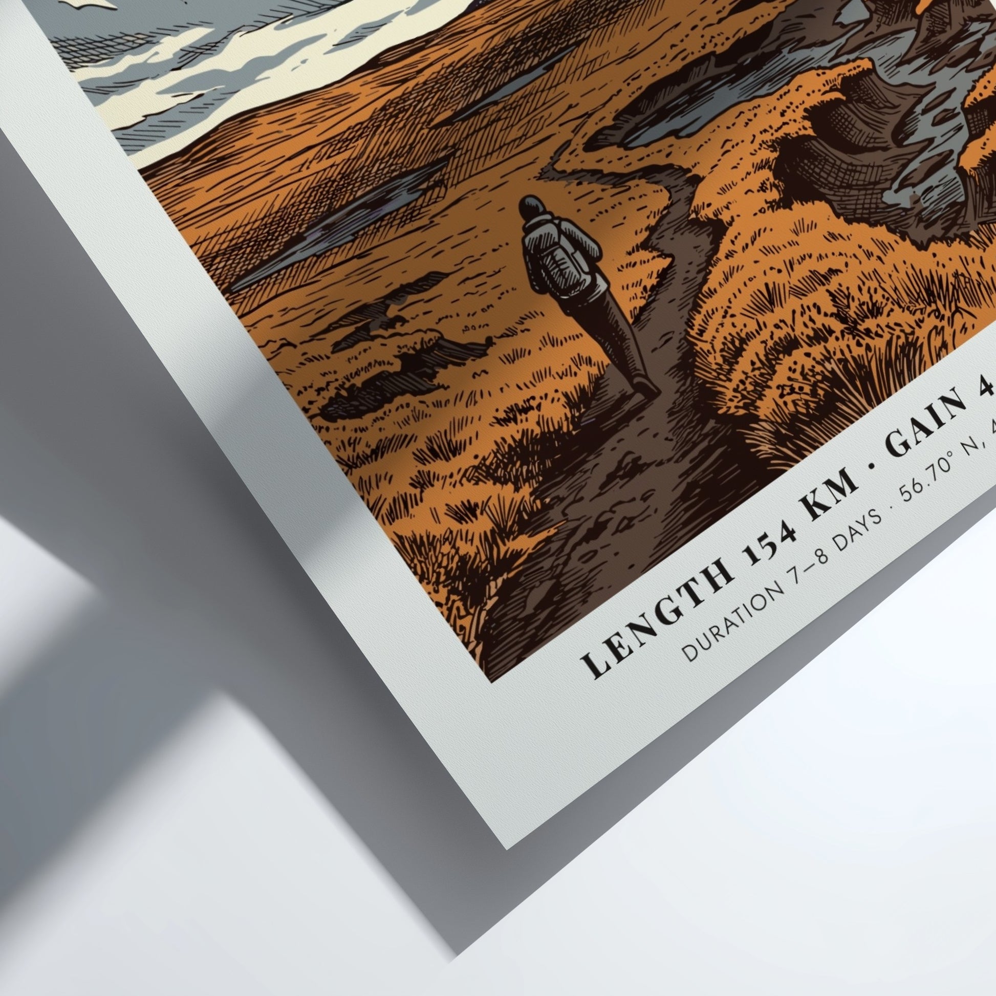 Poster of a hiker walking a trail in the Scottish Highlands under clouds.