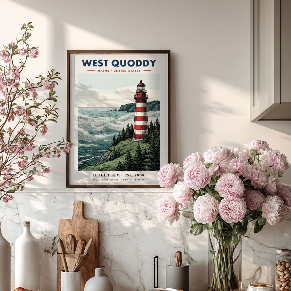 Poster featuring the red and white striped West Quoddy Lighthouse on a cliff.