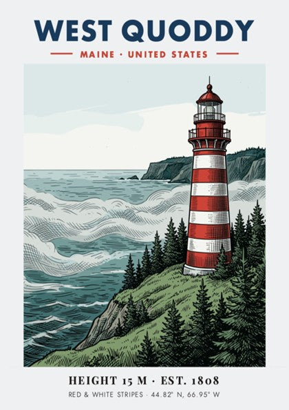 Poster featuring the red and white striped West Quoddy Lighthouse on a cliff.