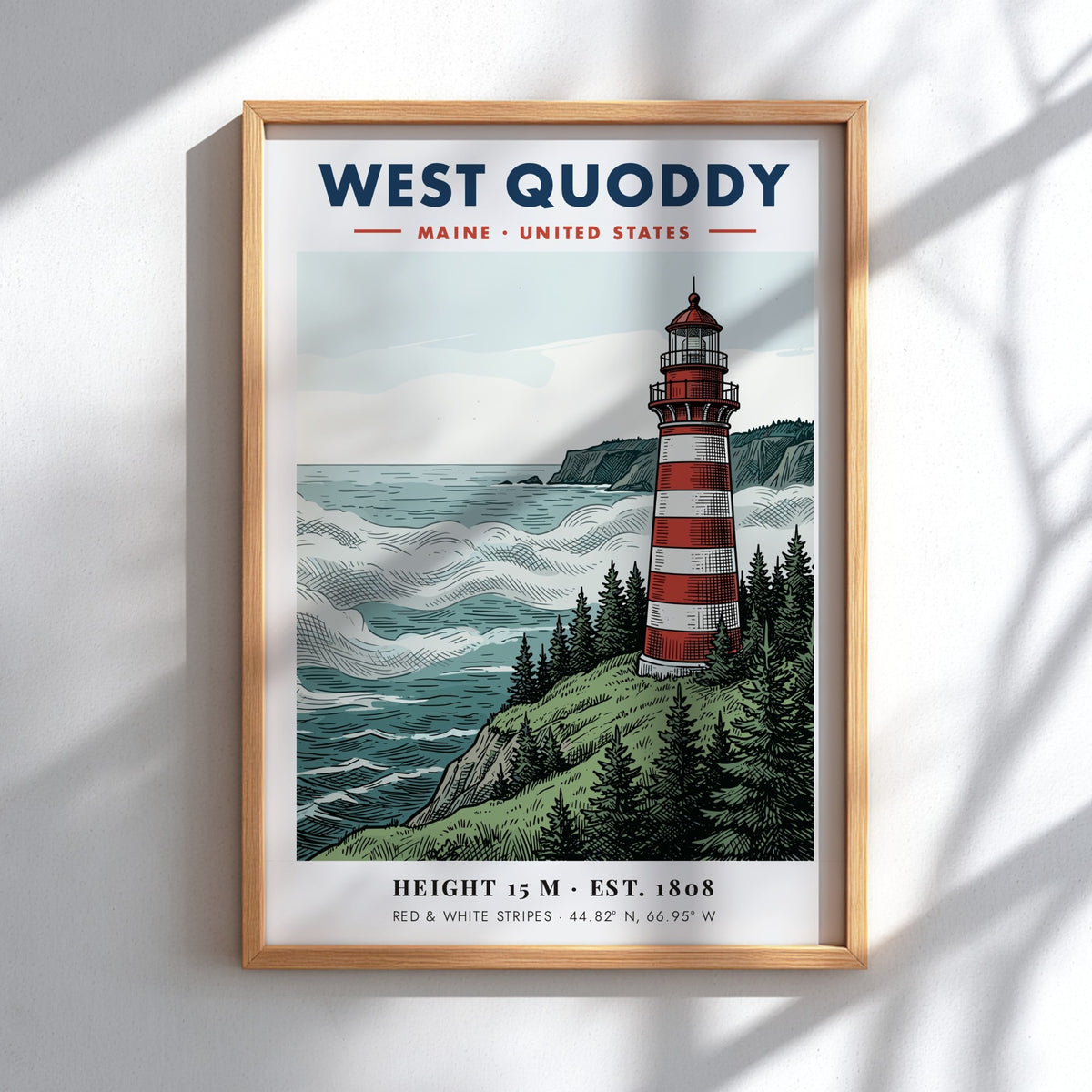 Poster featuring the red and white striped West Quoddy Lighthouse on a cliff.