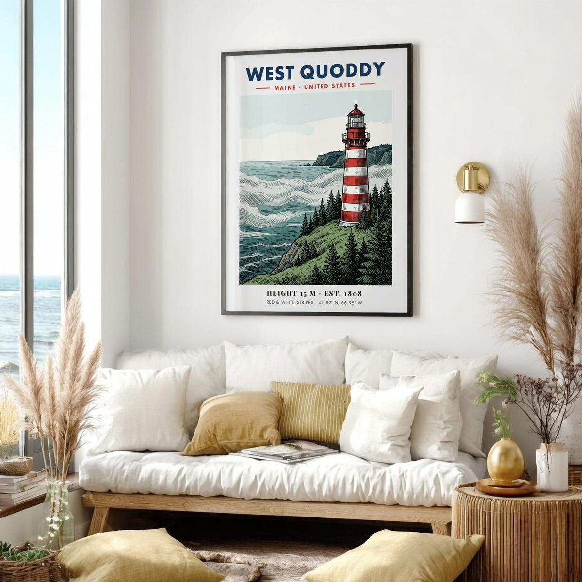 Poster featuring the red and white striped West Quoddy Lighthouse on a cliff.