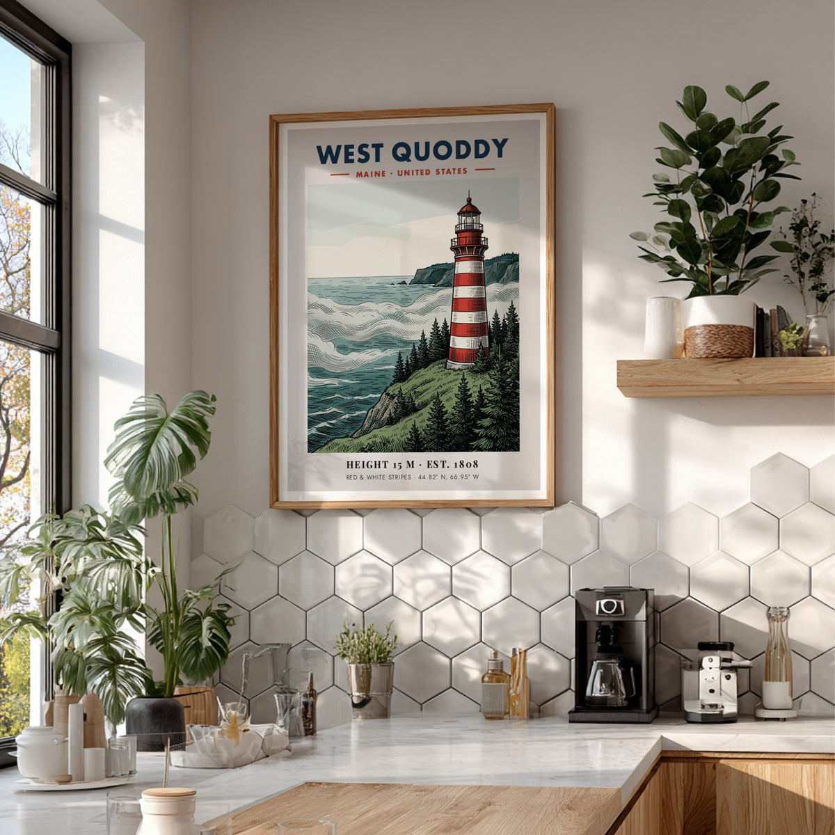 Poster featuring the red and white striped West Quoddy Lighthouse on a cliff.
