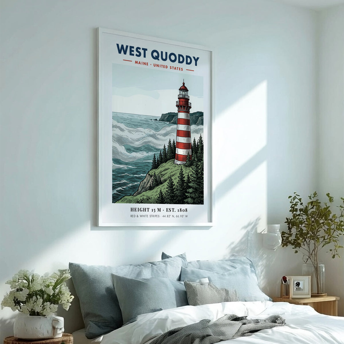 Poster featuring the red and white striped West Quoddy Lighthouse on a cliff.