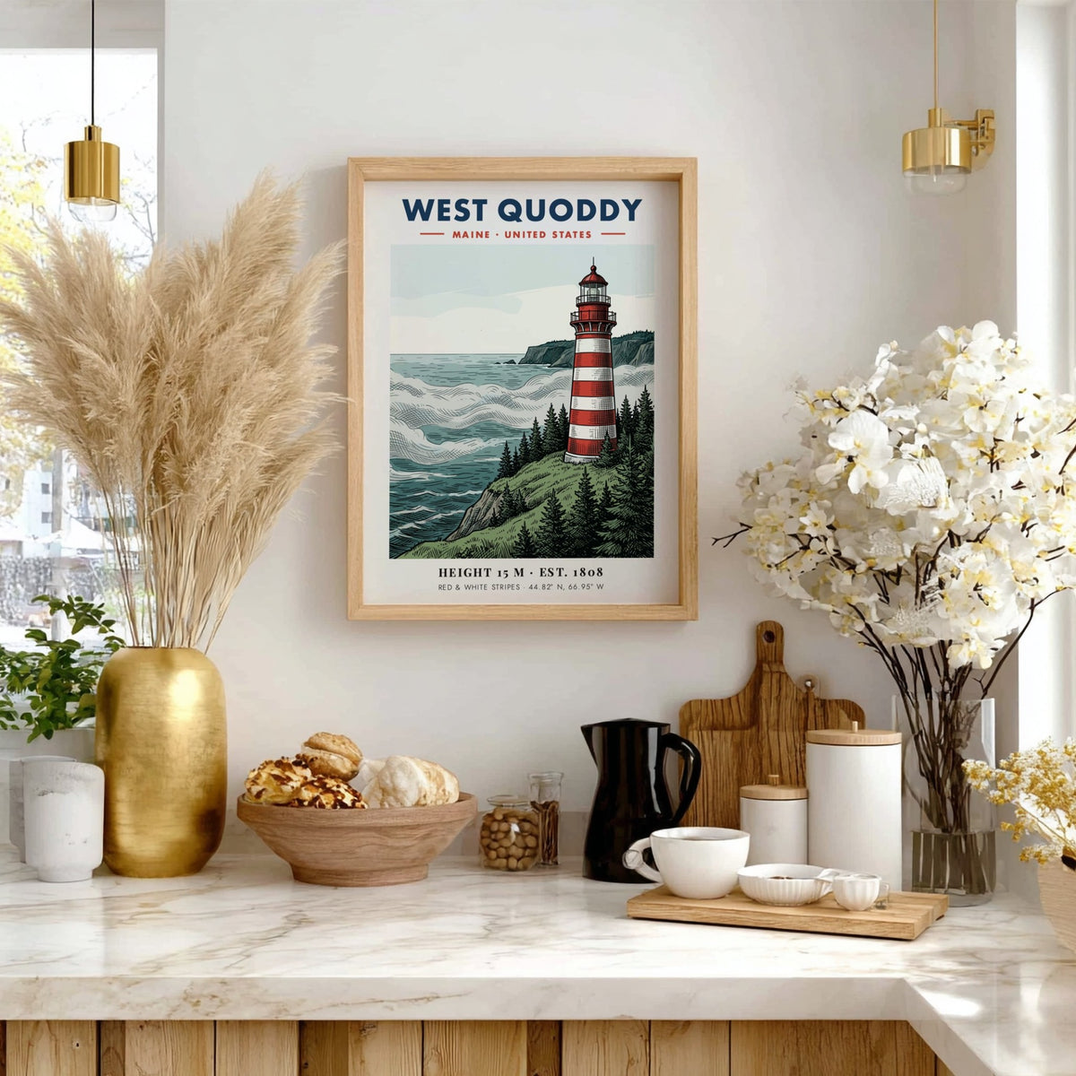 Poster featuring the red and white striped West Quoddy Lighthouse on a cliff.