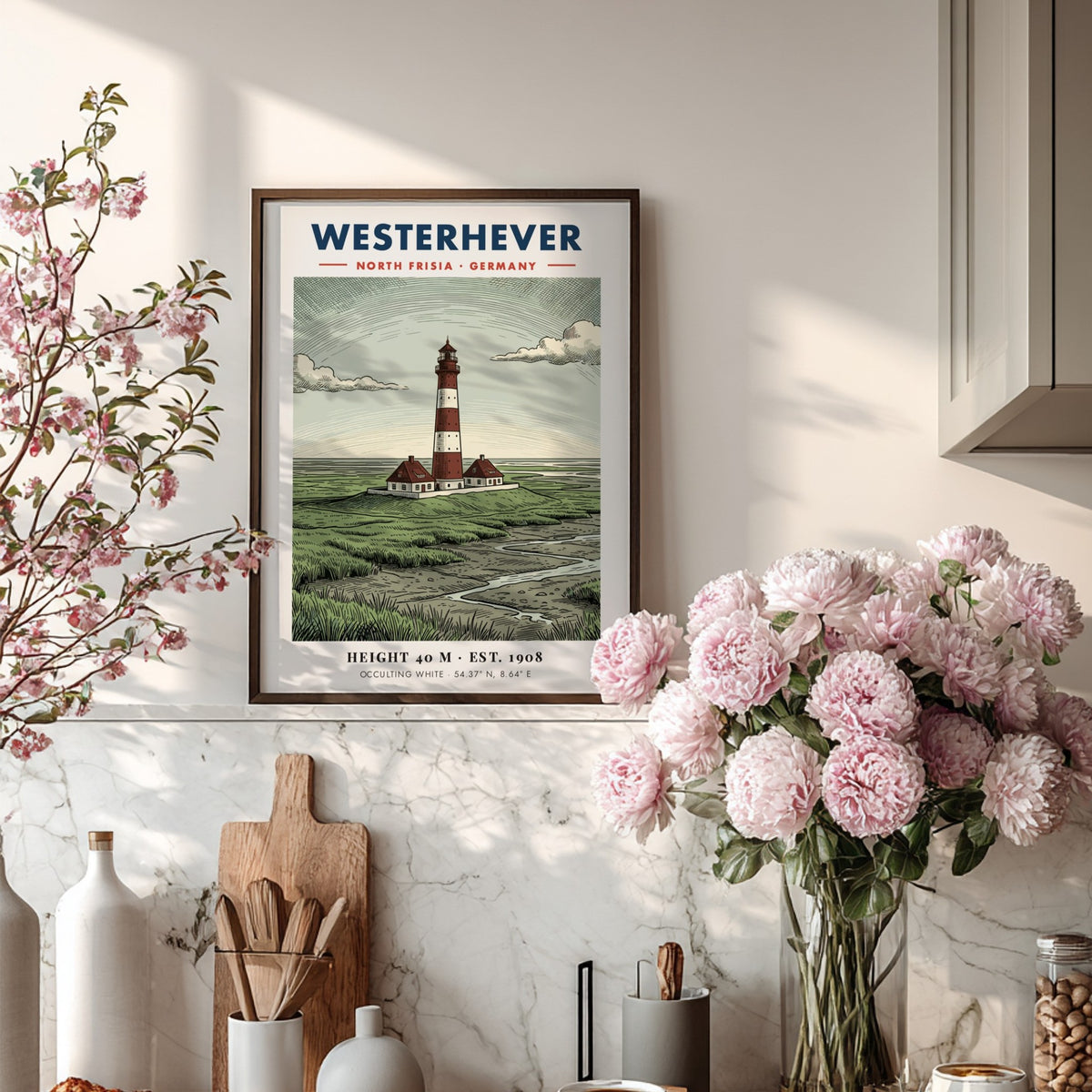 Poster of the Westerhever lighthouse in Germany featuring red and white striped tower.