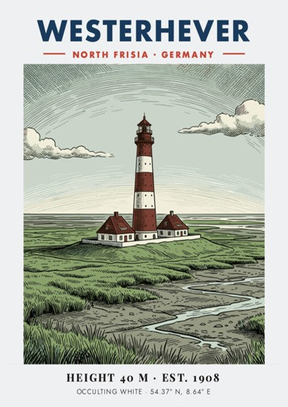 Poster of the Westerhever lighthouse in Germany featuring red and white striped tower.