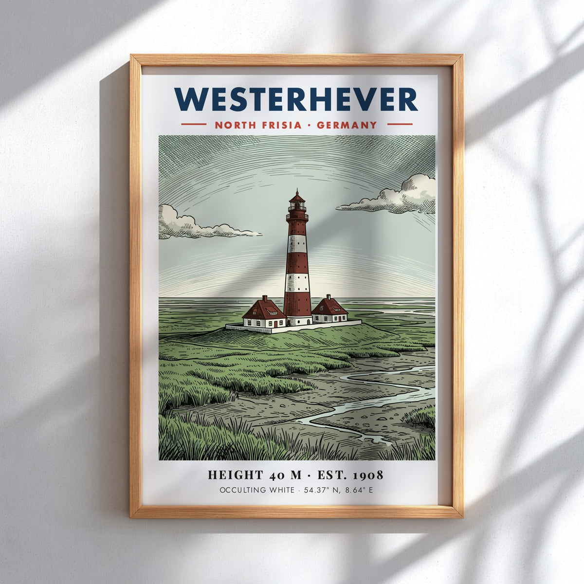 Poster of the Westerhever lighthouse in Germany featuring red and white striped tower.
