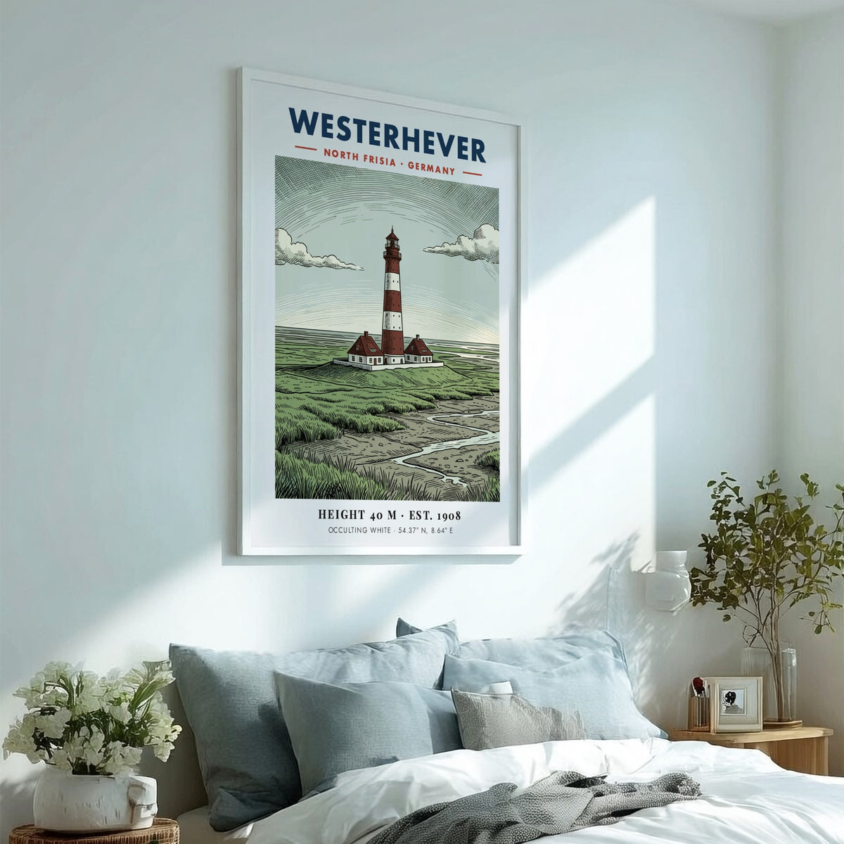 Poster of the Westerhever lighthouse in Germany featuring red and white striped tower.