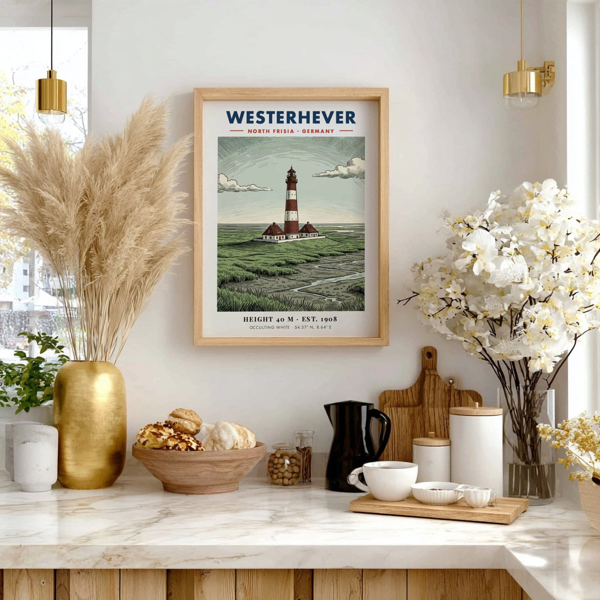 Poster of the Westerhever lighthouse in Germany featuring red and white striped tower.