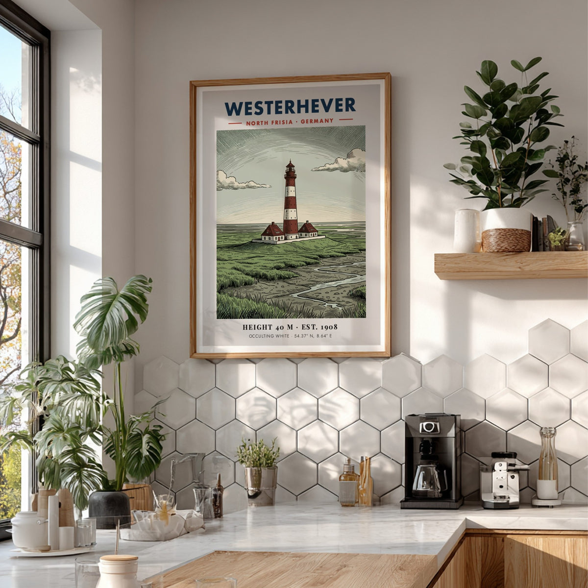 Poster of the Westerhever lighthouse in Germany featuring red and white striped tower.