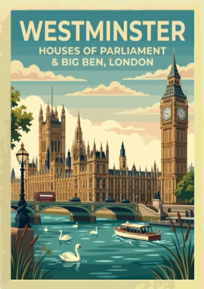 Westminster travel poster featuring Big Ben and the Houses of Parliament in vintage style with warm colors