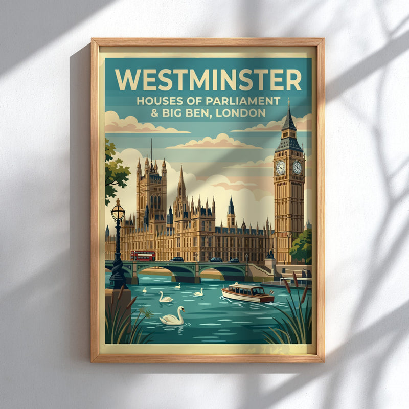 Westminster travel poster featuring Big Ben and the Houses of Parliament in vintage style with warm colors