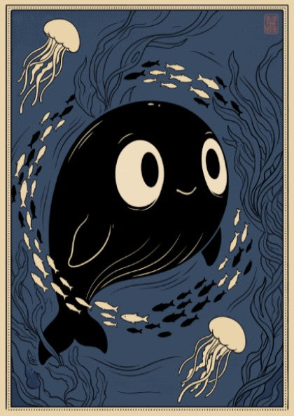 Poster featuring a smiling black whale surrounded by small fish and jellyfish underwater.