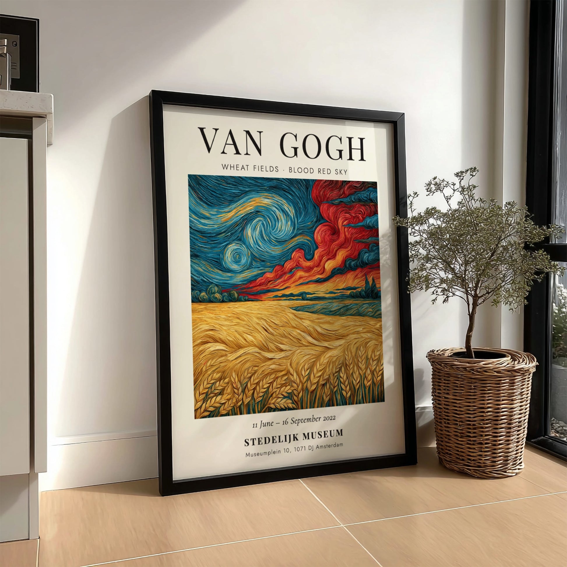 Wheat fields poster featuring swirling clouds and vibrant colors inspired by Van Gogh's style