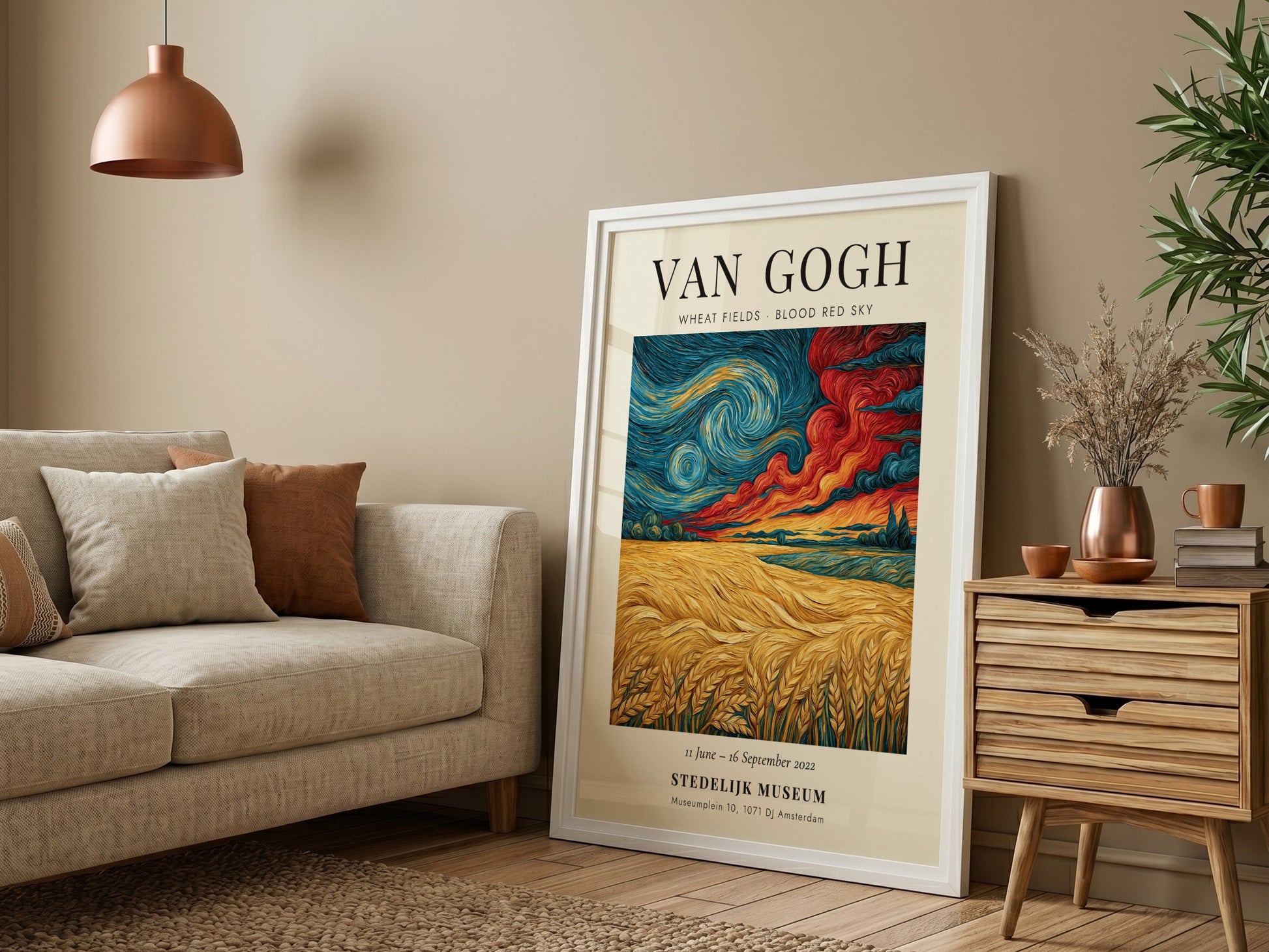 Wheat fields poster featuring swirling clouds and vibrant colors inspired by Van Gogh's style